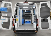 01_The racking in the Sprinter L2H2 used to install fire prevention systems, with racking on the left and the bulkhead