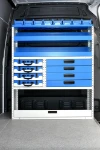 04_The column of drawers, shelves, plastic containers and case trays on the Sprinter’s bulkhead