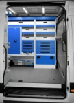04_The Syncro System case compartment, drawers and shelves seen through the Sprinter’s side door