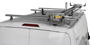 A damped-action single-slide ladder rack on a 2014 Transit