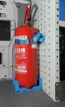 A fire extinguisher and bracket in a van