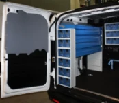 A set of drawers in a van upfit for an awning installation and service technician