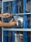A transparent tilting drawer with internal dividers