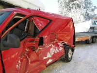 A Transporter struck by a train, showing the damage to the bodywork
