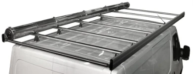 An aluminium roof rack with a pipe carrier on a Nissan NV400