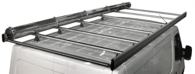 An aluminium roof rack with a pipe carrier on a Renault Master