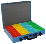 Component cases with plastic trays and anti-tip hinges