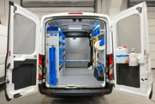 Fit-out with shelving, accessories and vice workbench for the Transit