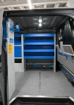 Floor panel with built-in rail, shelving and bulkhead lining of the Ford Custom