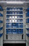 Forward-tilting clear plastic drawers along the Ducato bulkhead