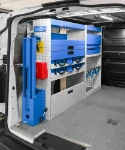 Left-side shelving of the Scudo with drawers, vice holder and cases