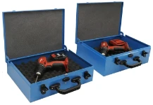 Power tool cases with anti-tip lid hinges