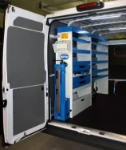 Racking and storage in a van used by solar heating engineers
