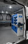 Right side of the Volkswagen Transporter with vice holder, cases, shelves and drawers