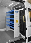 Shelves installed against the van’s bulkhead