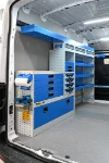 Shelving for the Transit with worktop, drawers, cases, shelves, vice and accessories