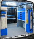 Shelving with metal drawers and vice holder in the Volkswagen Transporter