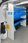 Shelving with plastic bins, shelf and tool pegboard in the Dokker