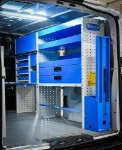 Shelving with vice holder, straps, metal drawers and shelves in the Opel Vivaro