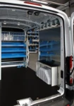Shelving, worktops and accessories in a van used by internet system installers