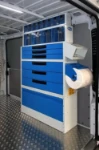 Syncro System storage cabinets in a van used by a cold room service company