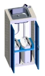 The sink cabinet with open doors